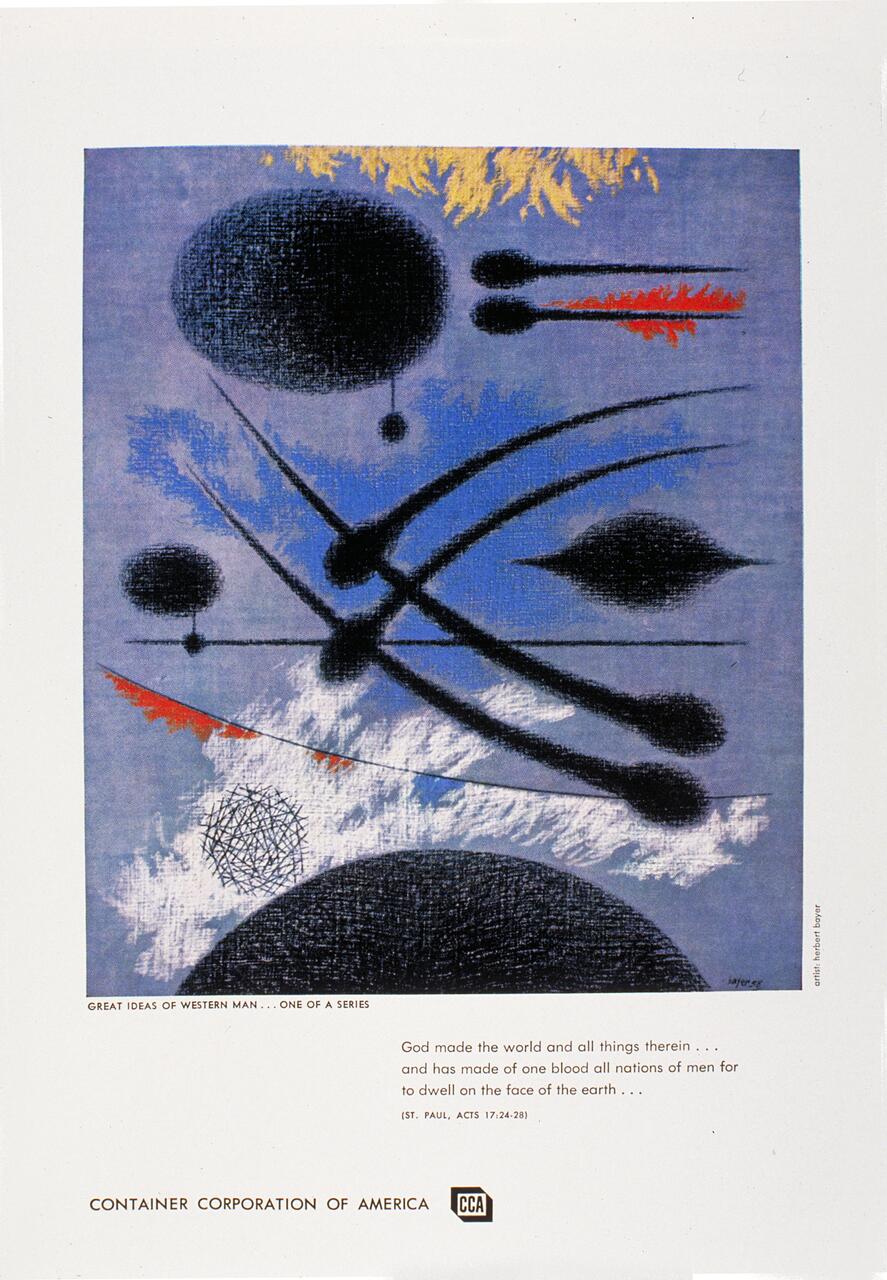 Abstract artwork featuring black oval and circular shapes with trailing lines on a textured blue background, accented with orange and yellow strokes. A quote from St. Paul is included below.