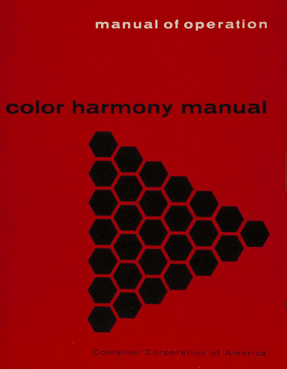 Red cover with black hexagonal pattern forming an arrow pointing right. Text: "Manual of Operation" above, "Color Harmony Manual" in the middle, and "Container Corporation of America" at the bottom.