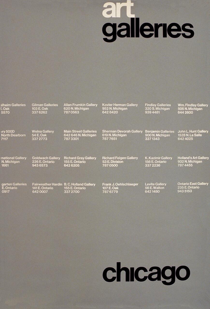 List of Chicago art galleries and addresses in white and black text on a gray background.