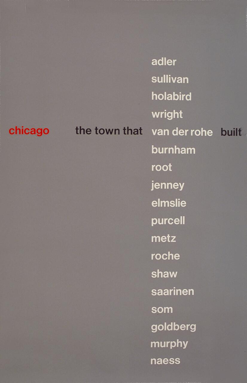 Text-based poster with a gray background. "Chicago the town that built" in black and red, followed by a vertical list of architect names in white: Adler, Sullivan, Holabird, Wright, Van Der Rohe, Burnham, Root, Jenney, Elmslie, Purcell, Metz, Roche, Shaw, Saarinen, SOM, Goldberg, Murphy, Naess.