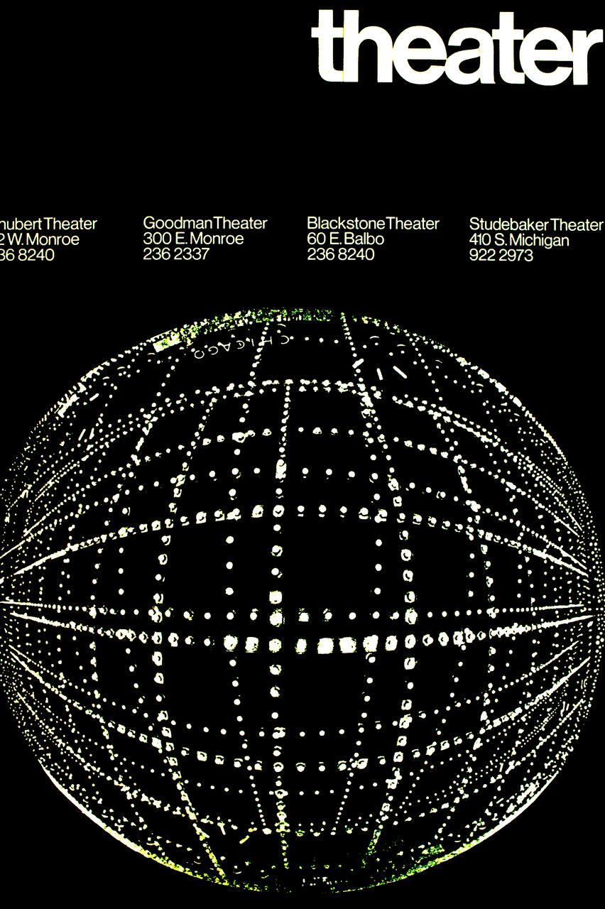 A glowing spherical grid of lights on a black background, with white text at the top listing theater names and addresses.