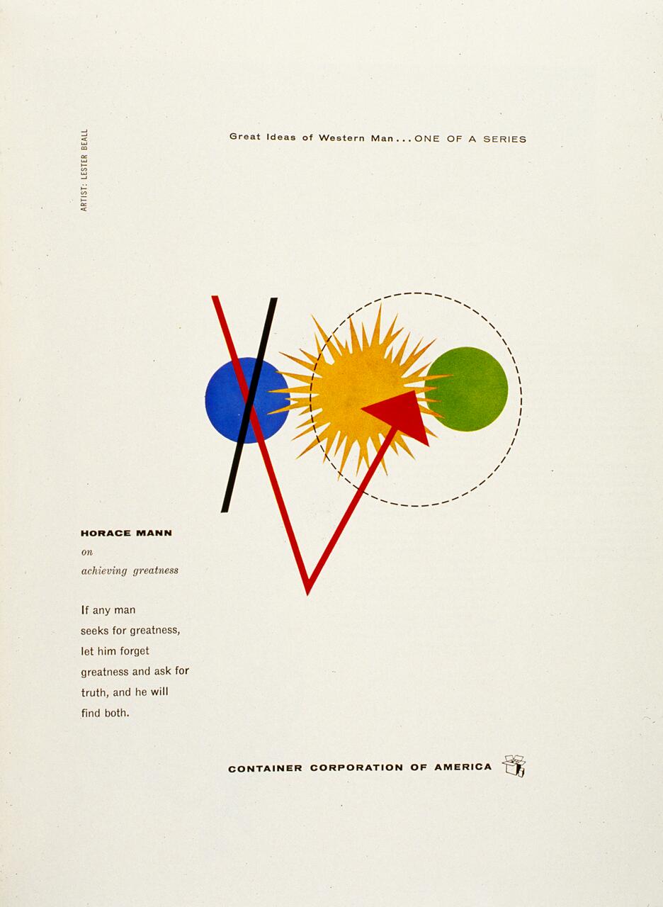 Abstract graphic design featuring intersecting shapes and lines in vibrant colors, including blue, yellow, red, and green. Text from Horace Mann about achieving greatness is present. Labeled as part of the "Great Ideas of Western Man" series by the Container Corporation of America.