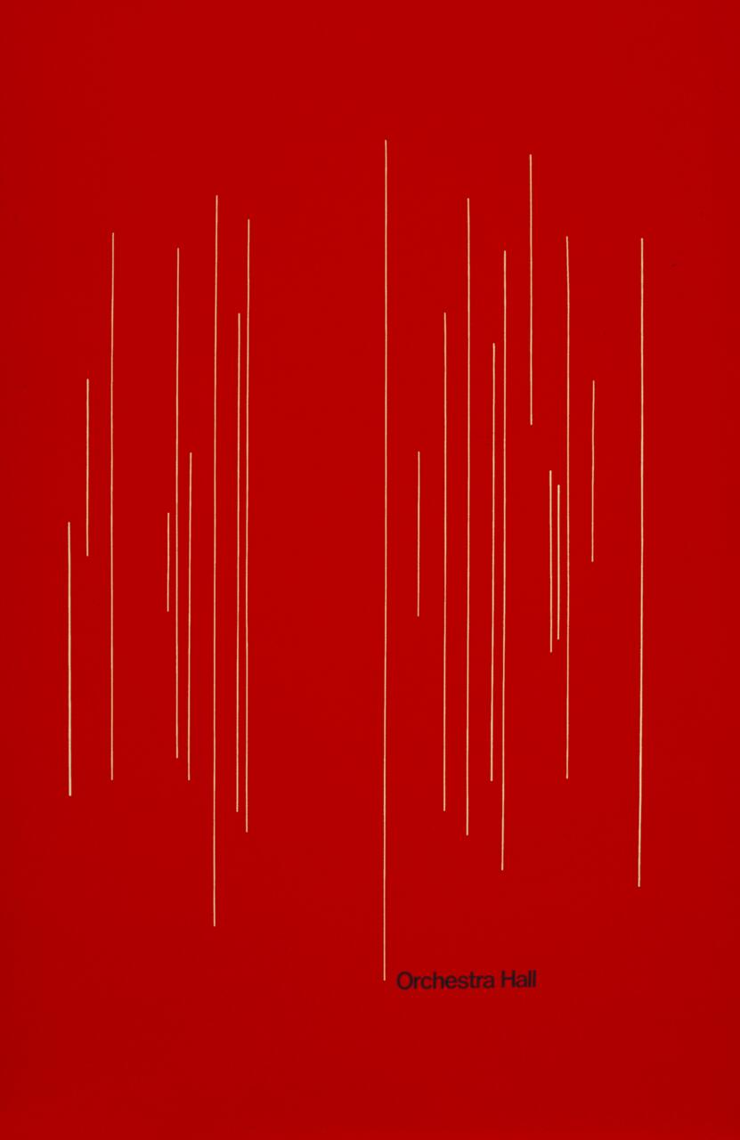 Red graphic poster with vertical white lines of varying lengths and the text "Orchestra Hall" at the bottom.