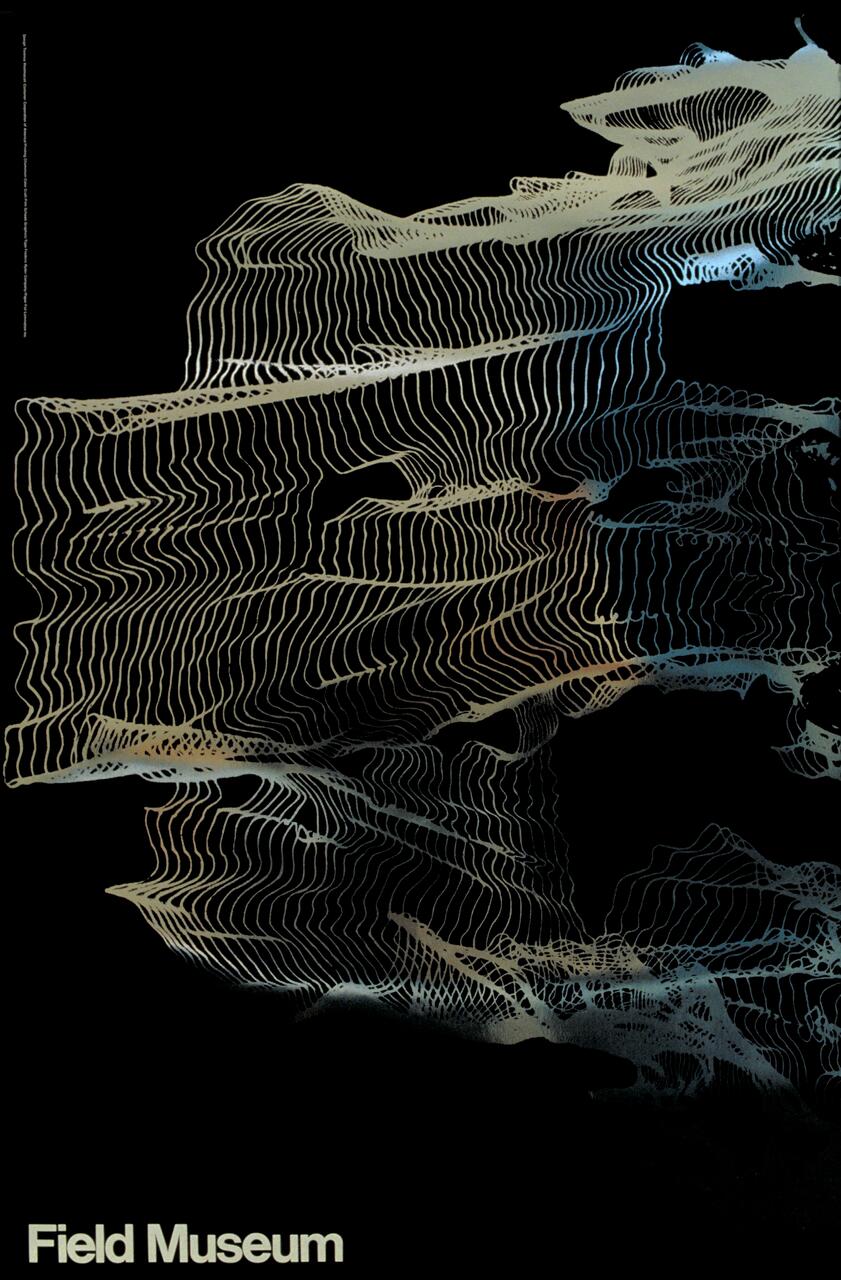 Abstract graphic with wavy, layered lines in earthy tones on a black background, creating an intricate, flowing pattern. White text at the bottom reads "Field Museum."