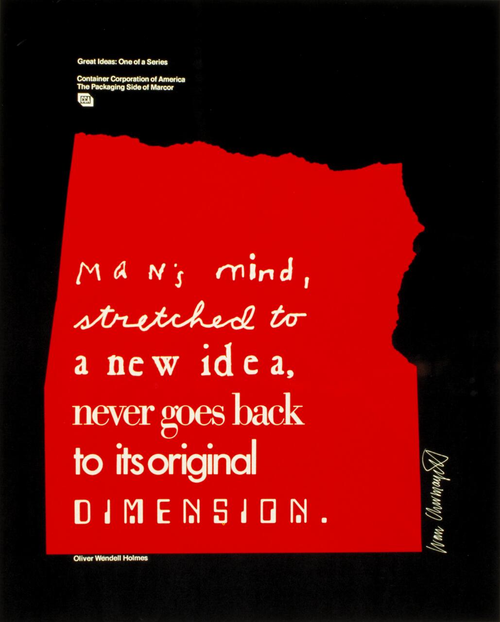 Red torn paper on a black background with a handwritten and typed quote by Oliver Wendell Holmes about the mind being stretched to a new idea.