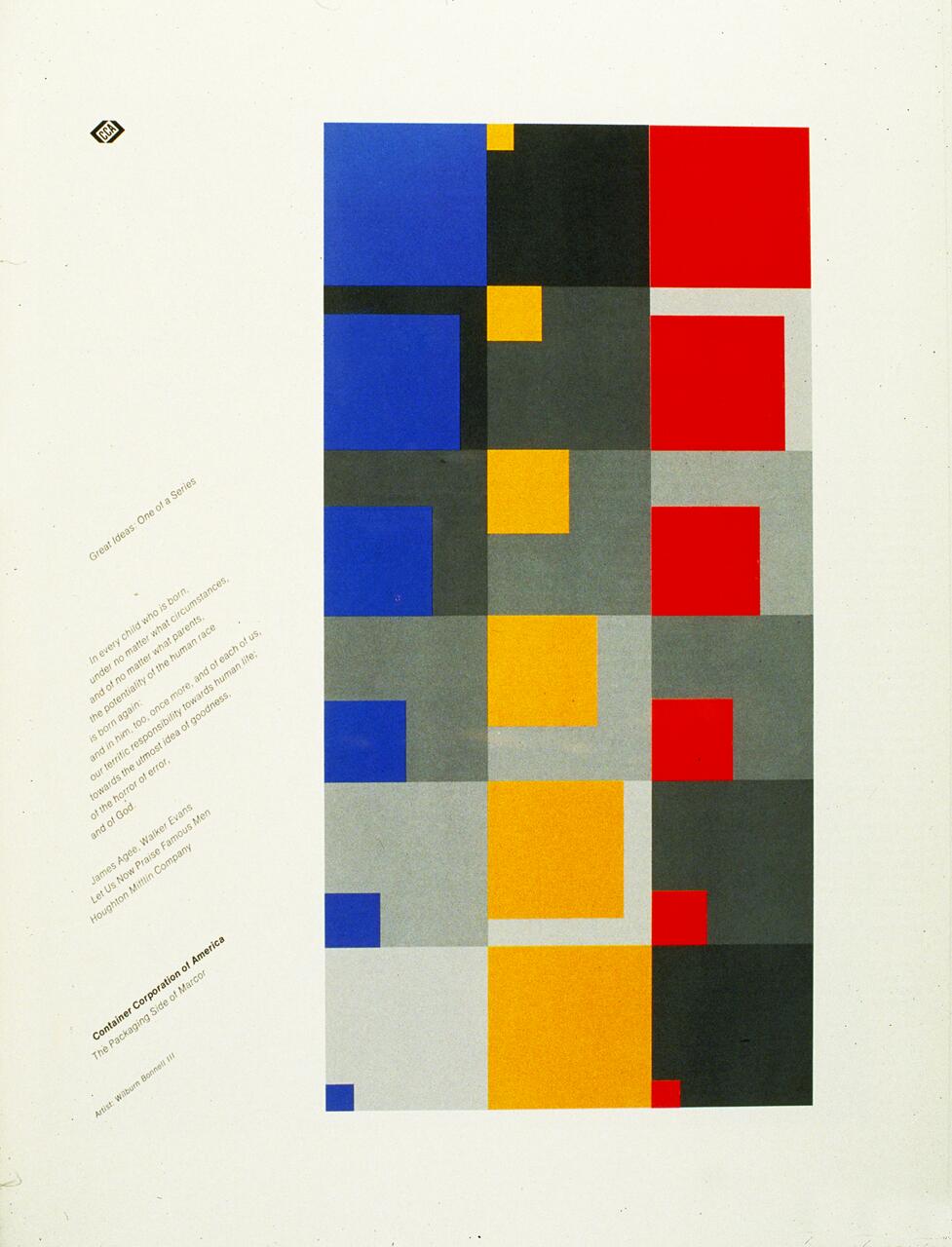 Abstract graphic featuring a grid of squares in blue, red, yellow, black, and gray tones. Each square varies in size and color, creating a geometric pattern. Text is positioned vertically to the left.