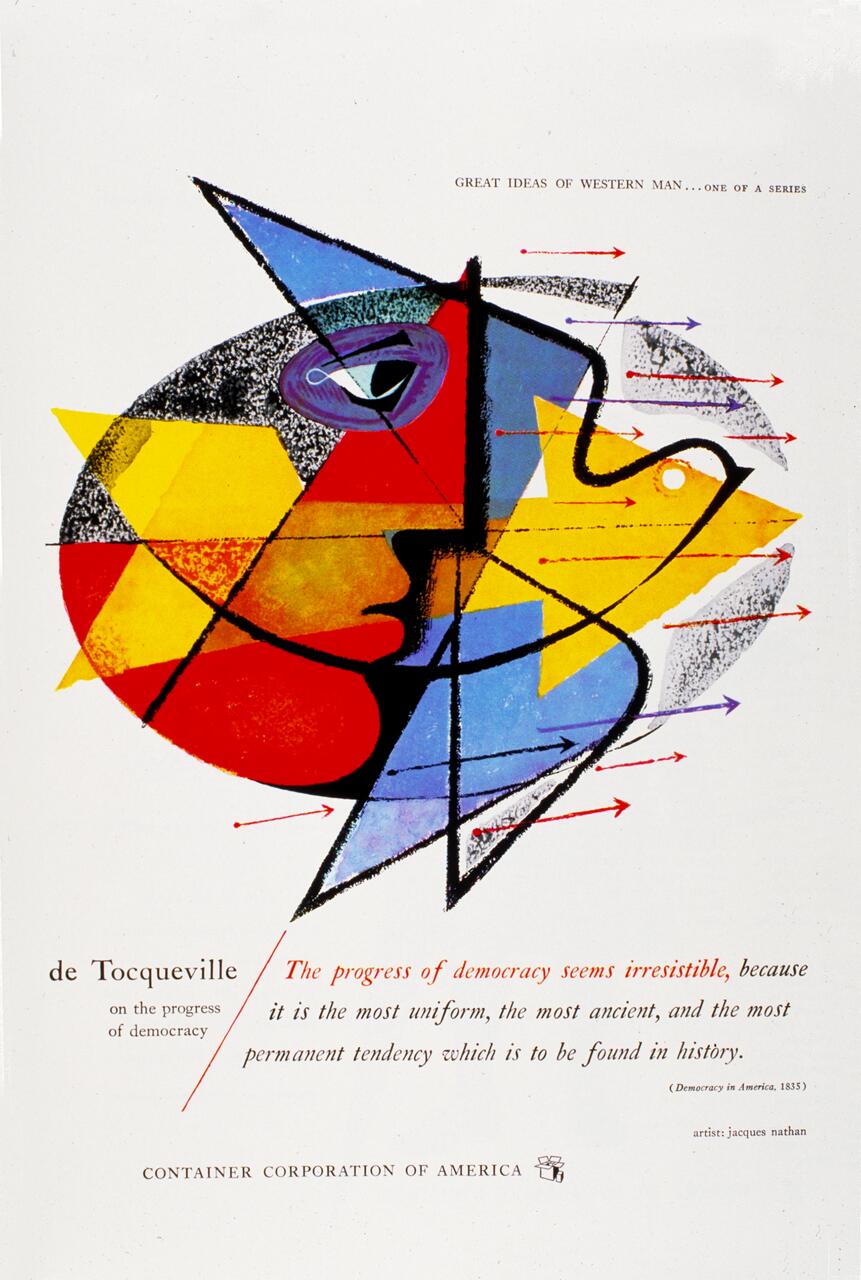 Abstract graphic combining geometric shapes and primary colors, with an overlapping human profile. Text elements include quotes from de Tocqueville about democracy. Artwork by Jacques Nathan, for the Container Corporation of America.