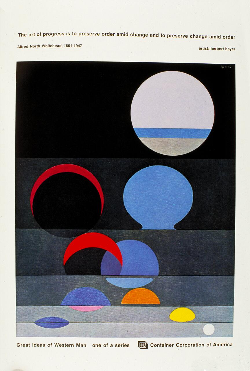 Abstract artwork by Herbert Bayer featuring overlapping circles in various colors against a black background. Upper section shows a large circle divided by blue and gray stripes. Below, red, blue, and gray circles of differing sizes overlap across a gradient background.