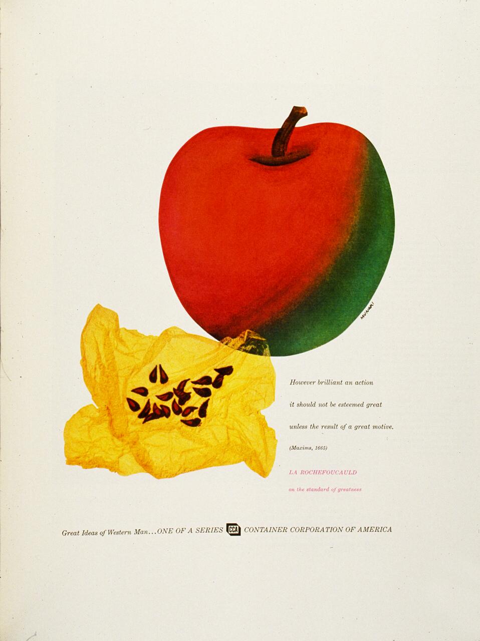 A graphic featuring a large, vibrant red and green apple with a yellow apple core below it, displaying seeds. The background is white with printed text including a quote and company details, creating a vintage advertisement feel.