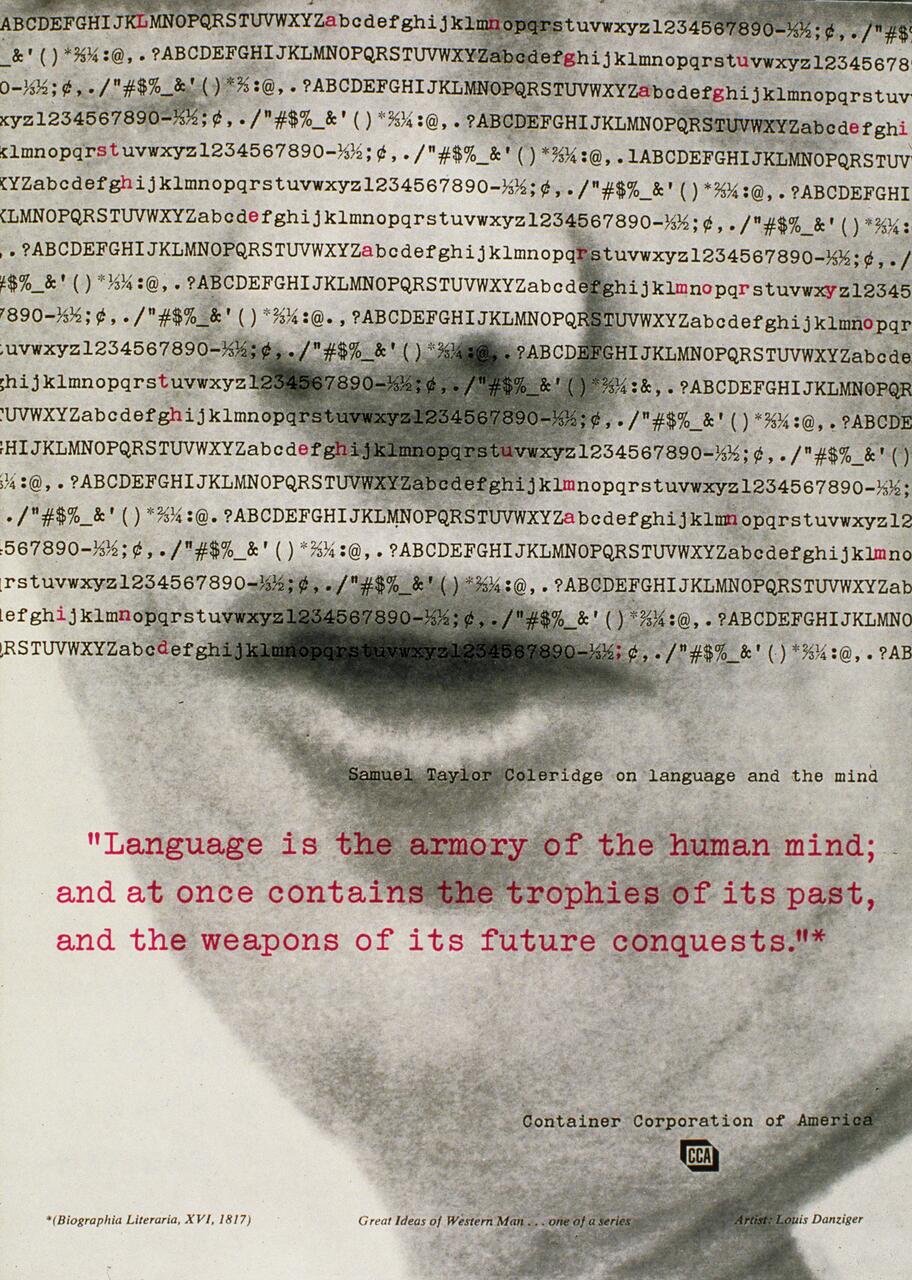 Monochromatic graphic of a face obscured by scattered alphanumeric characters and symbols. Prominently features a Samuel Taylor Coleridge quote about language in red text.