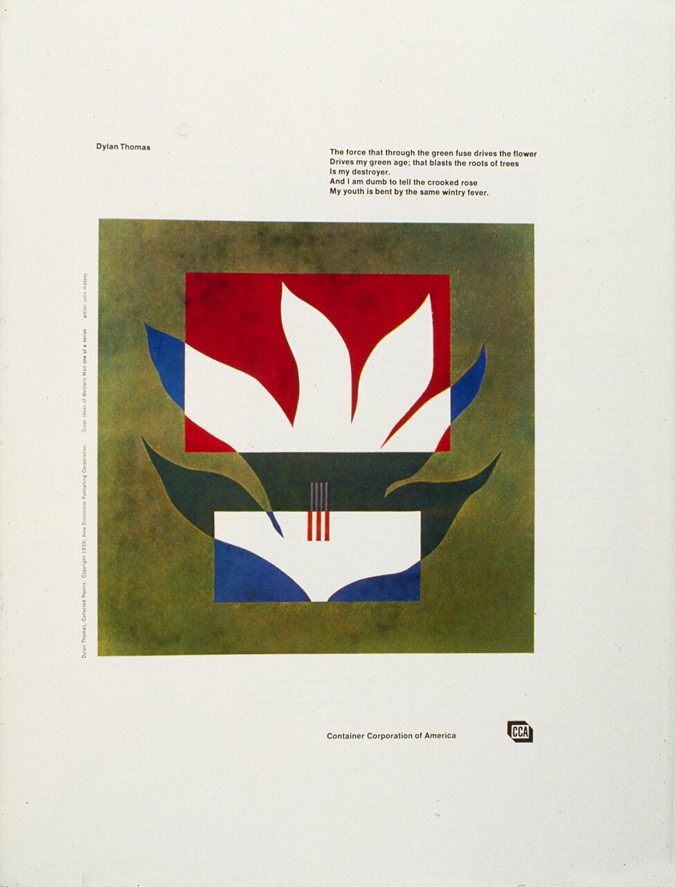 Abstract artwork with a white lotus-like shape on a red background, framed by blue and green geometric forms. Below, a white rectangle features vertical red lines and blue shapes. Logo of Container Corporation of America in the bottom right.