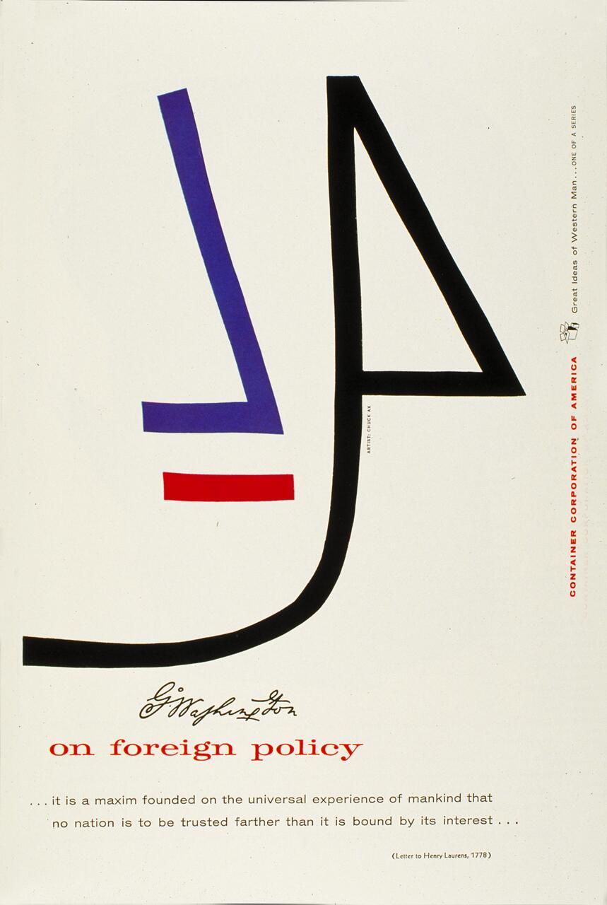 Abstract design with black, red, and blue geometric shapes on a white background. The phrase "on foreign policy" appears in red, with a quote below about trust and interest in international relations. Signature resembling George Washington's is visible.