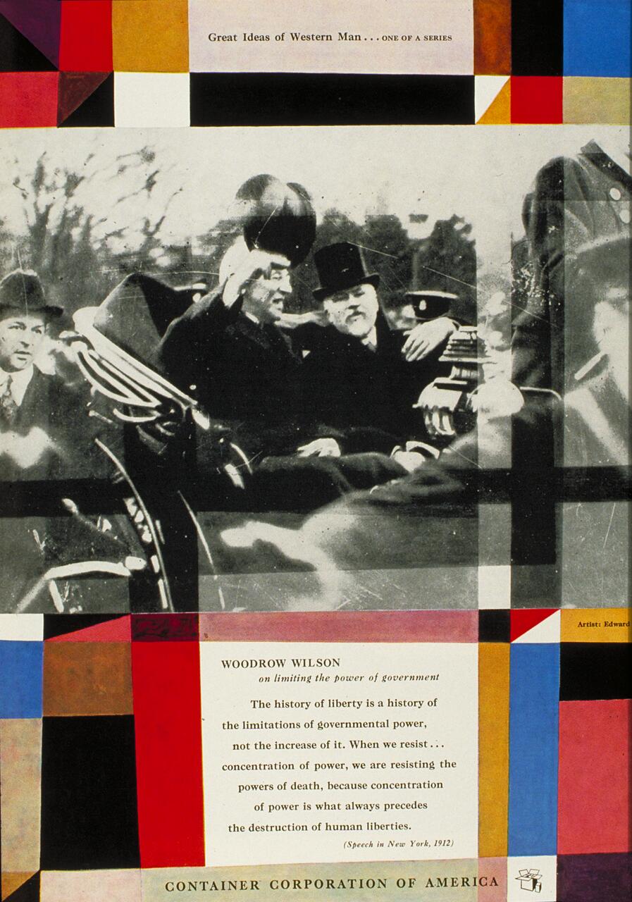 Historical photograph collage featuring Woodrow Wilson in a car with a top hat. Surrounded by colorful geometric shapes and text about government and liberty. Part of the "Great Ideas of Western Man" series.