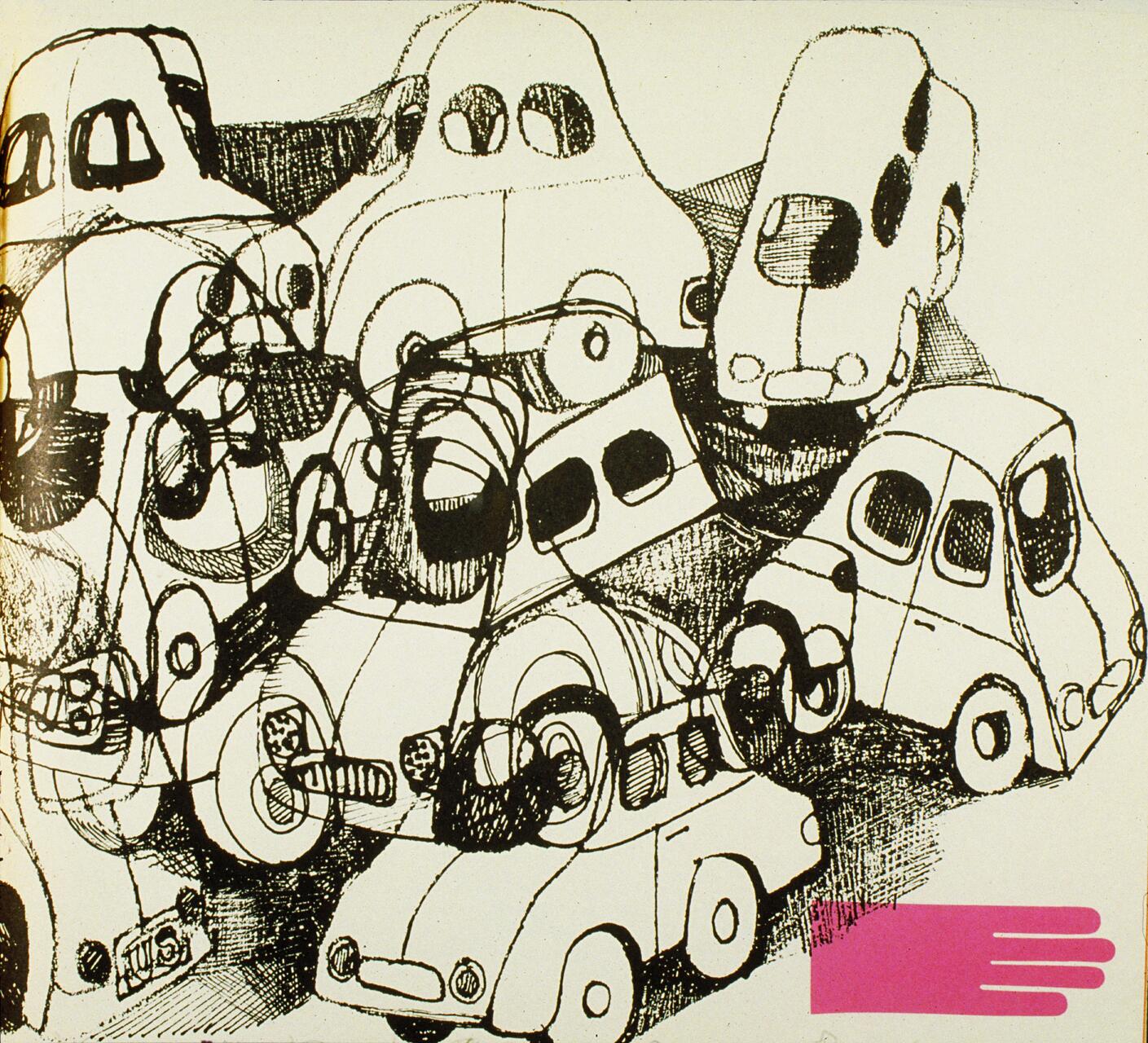 Abstract drawing of overlapping small cartoon cars in black and white. Pink shape resembling a hand on the bottom right.
