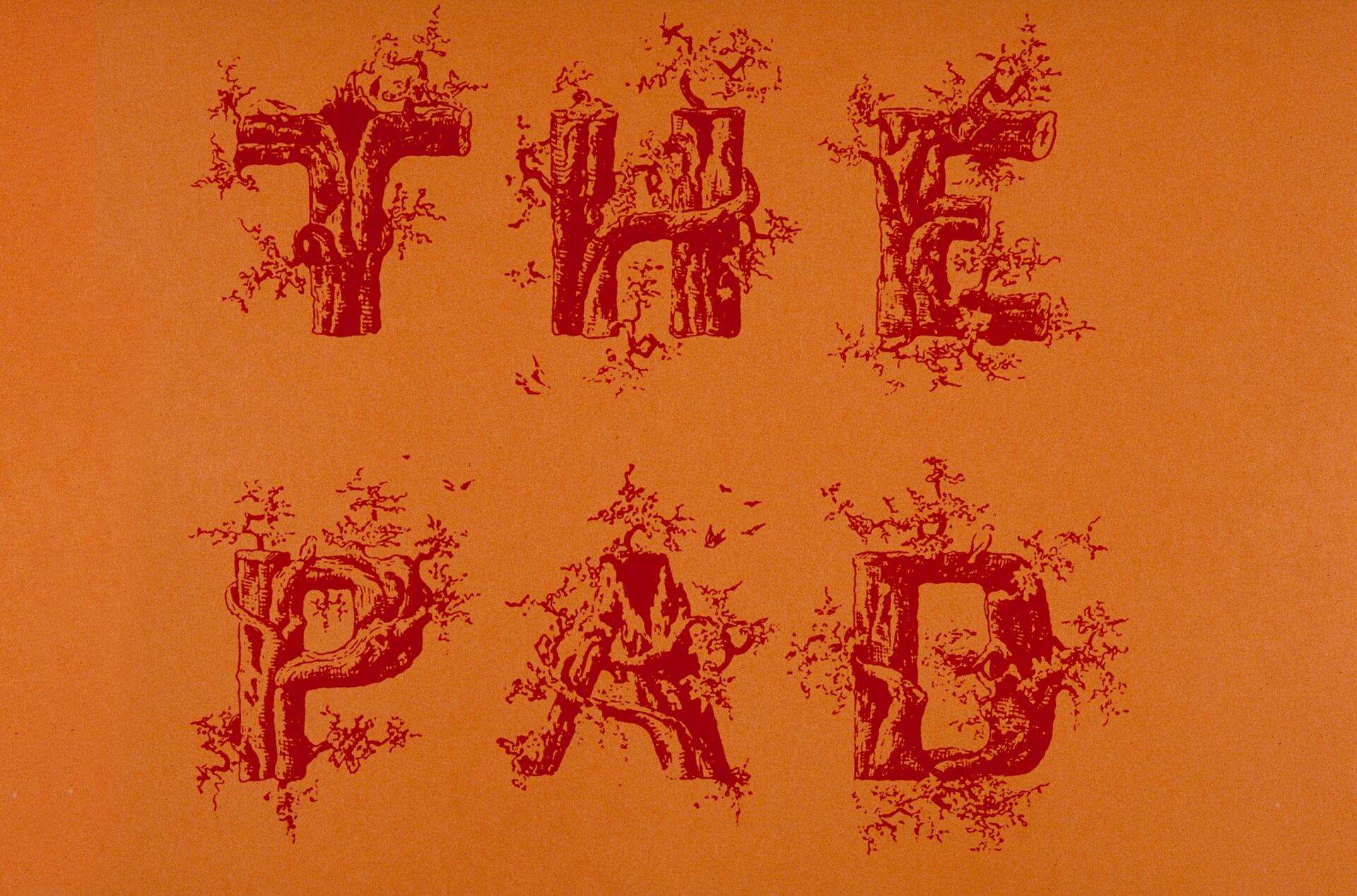 Stylized letters "THE PAD" resembling tree trunks with branches on an orange background.