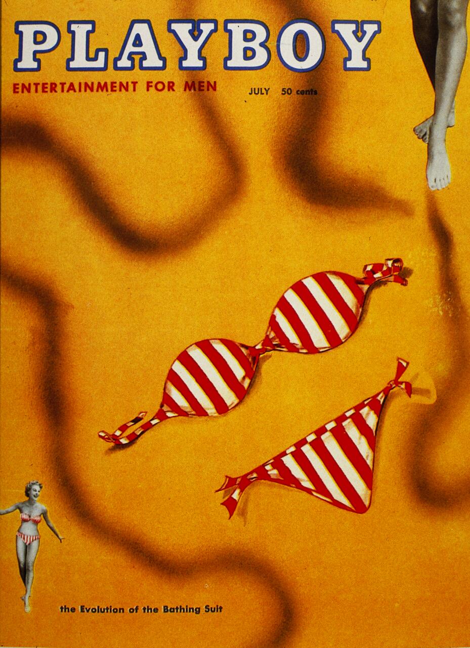 Orange cover with "PLAYBOY" in blue, featuring a striped bikini illustration and partial view of a woman's legs. Small image of a woman in a striped swimsuit at the bottom, surrounded by swirling patterns.