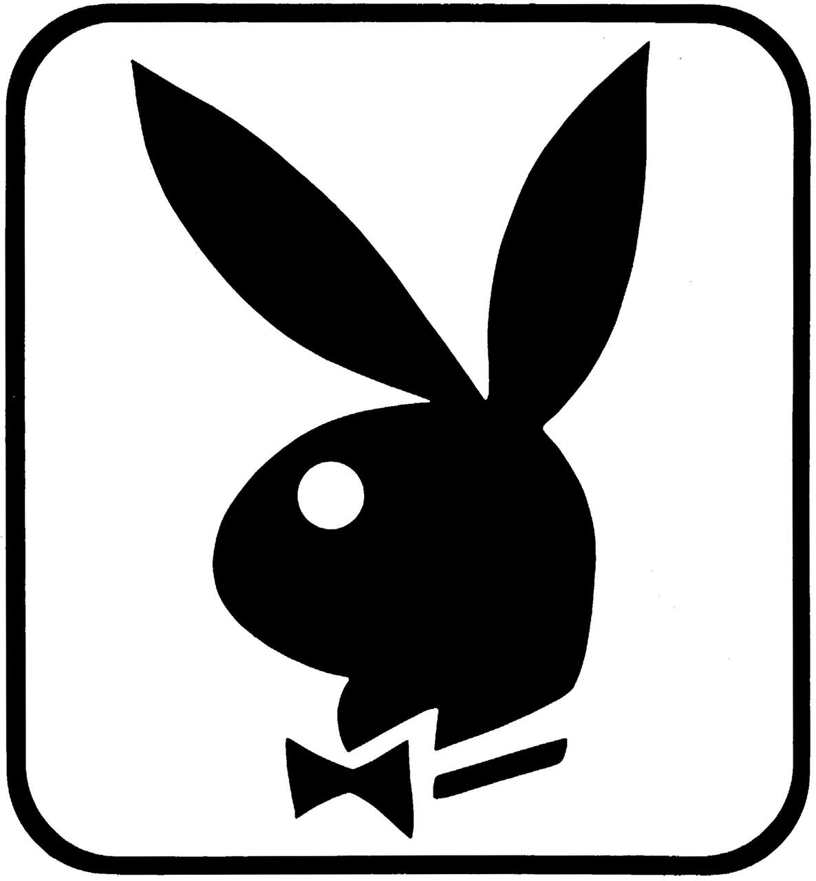 A black silhouette of a rabbit head with elongated ears facing right, wearing a bow tie, enclosed in a square border.