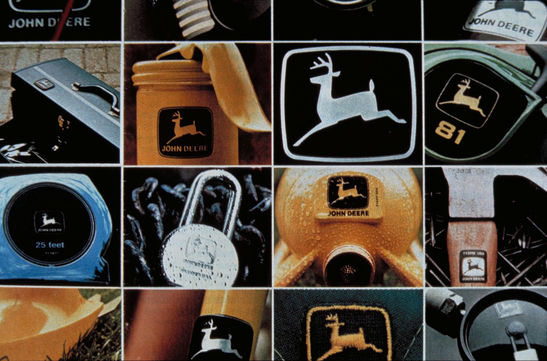 Collage of various objects featuring the John Deere logo, including a toolbox, thermos, padlock, and tape measure, showcasing the deer emblem on different backgrounds and materials.