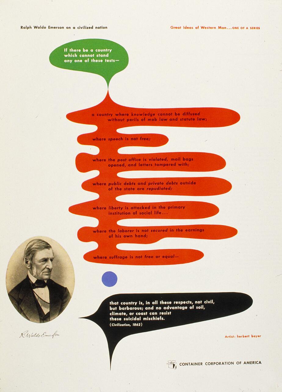 Stylized graphic with colored speech bubbles containing quotes by Ralph Waldo Emerson about societal values. An oval portrait of Emerson is on the left. The bubbles, mostly red, end with a black one stating dire consequences. “Container Corporation of America” logo at the bottom.