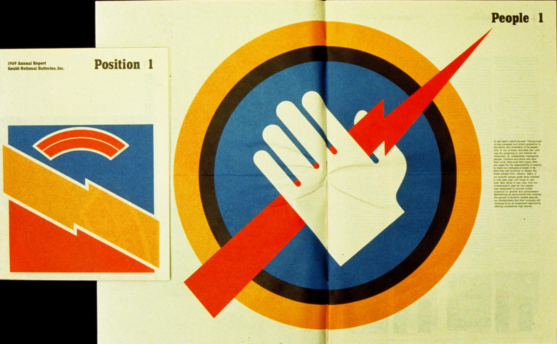Graphic of a white hand grasping a red lightning bolt, set in a blue and yellow circular background, with text blocks and a smaller similar graphic to the left.