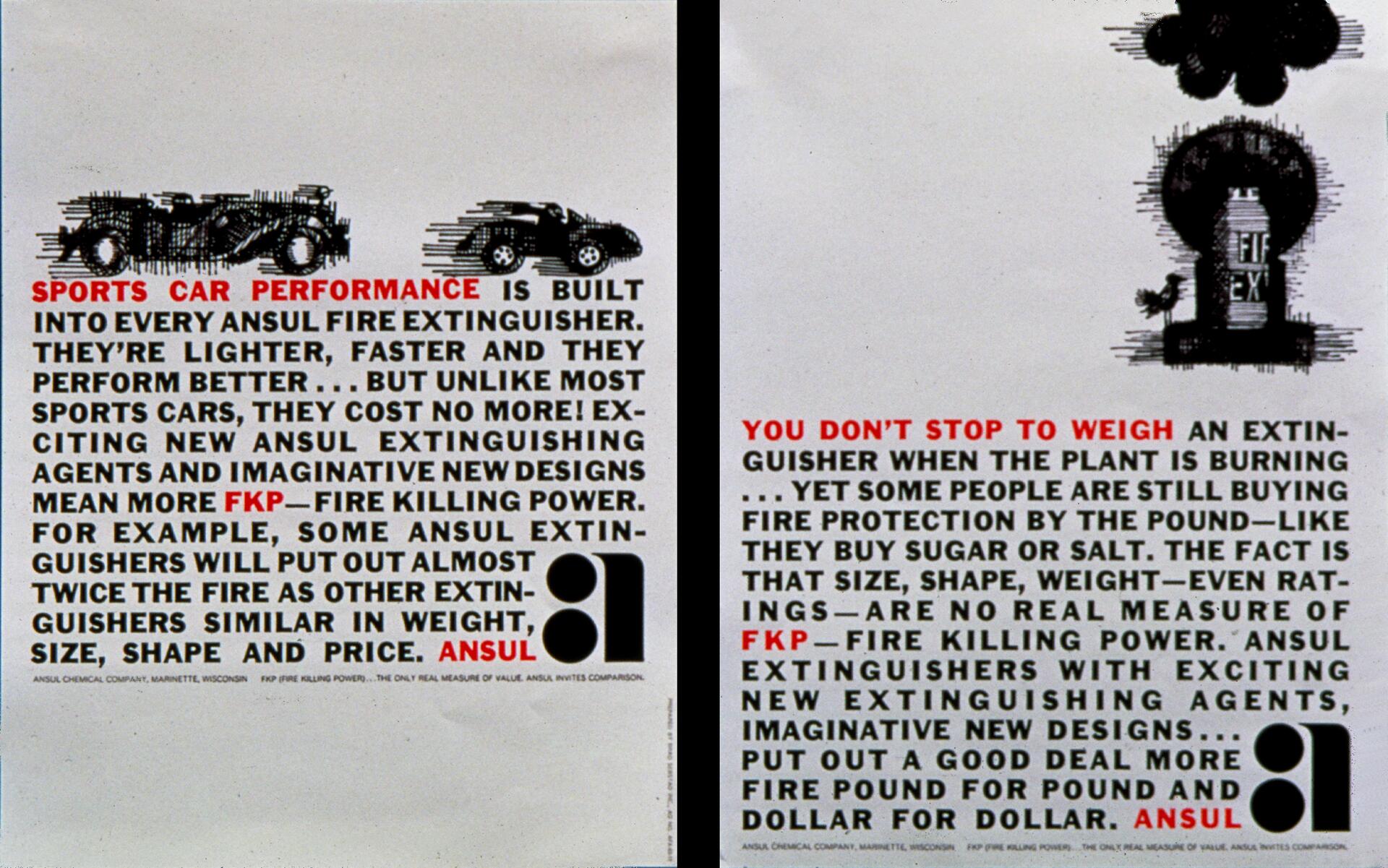 Two-page ad featuring text about Ansul fire extinguishers with graphics of a sports car and extinguisher. Emphasizes performance and innovative designs providing more fire-killing power, comparing it to buying essential goods by weight.