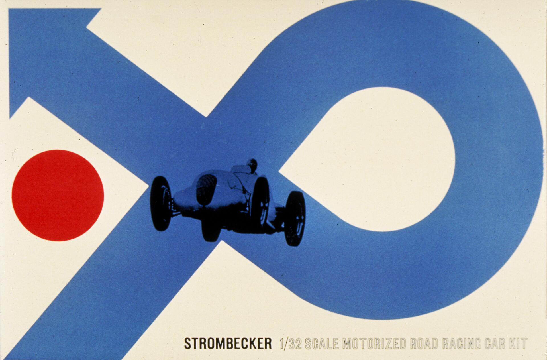 Retro graphic featuring a blue race car on an abstract blue and white background with a red circle on the left. Text at the bottom right corner.