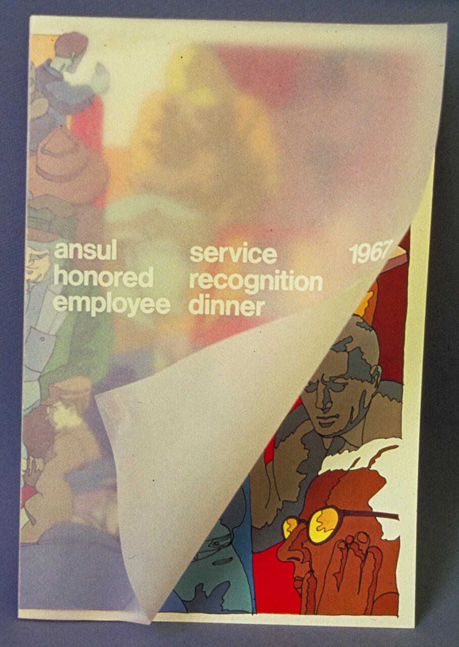 Graphic poster with colorful abstract illustrations of people, overlaying translucent page with text and folded corner revealing more vibrant images beneath.