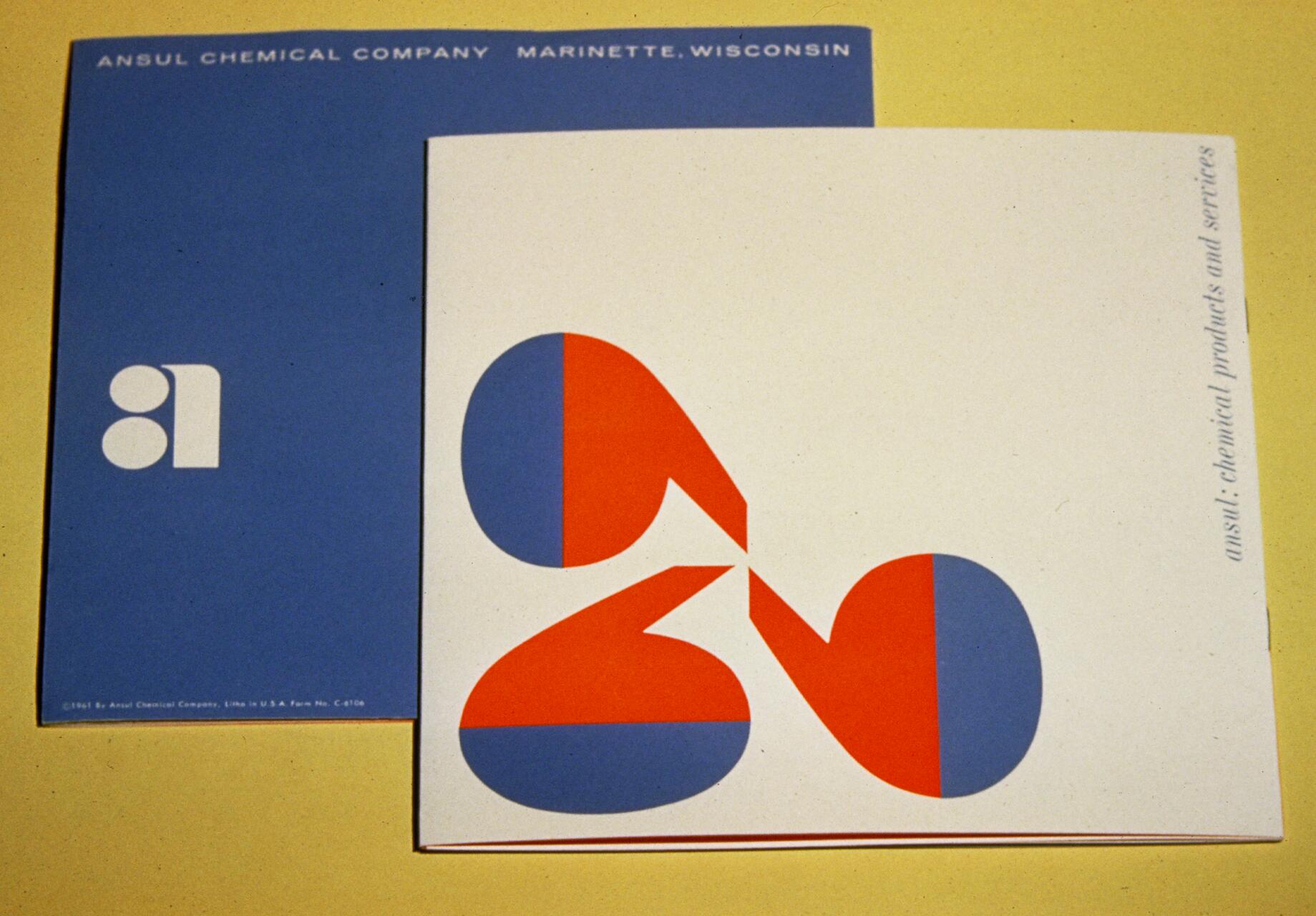 Two brochures, one blue with a logo, and the other white with abstract red and blue shapes, titled "Ansul Chemical Products and Services."