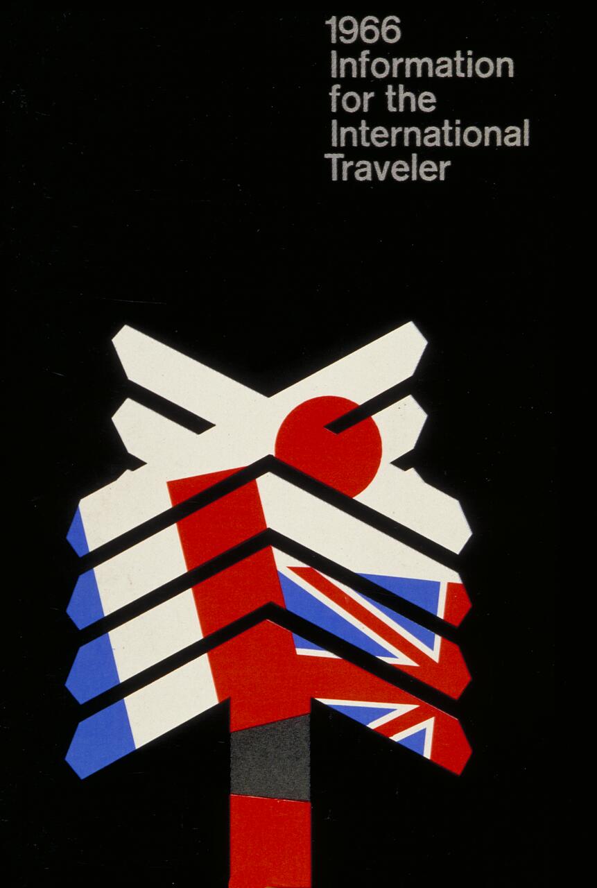 Stylized graphic of a signpost with international flags, including France, Japan, and the UK, on a black background.