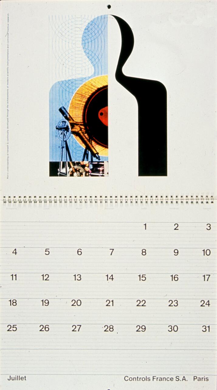 Calendar page for July featuring abstract graphics with a telescope and machinery against a blue background on the top half, and black shapes on the right. Dates are displayed in a grid below.