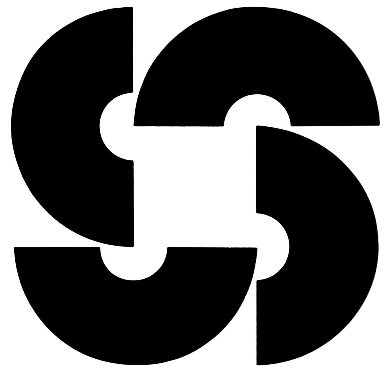 Black geometric logo with two interlocking, rotated semicircles forming a yin-yang-like pattern.