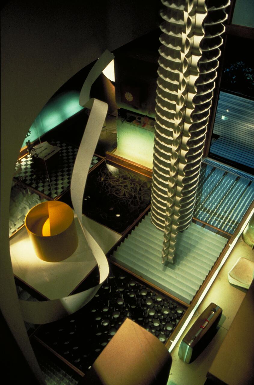 Abstract architectural design with geometric shapes, including a tall, twisting column, yellow cylinder, and black and white checkered flooring. The scene is illuminated with soft, ambient lighting, creating a dramatic and artistic atmosphere.