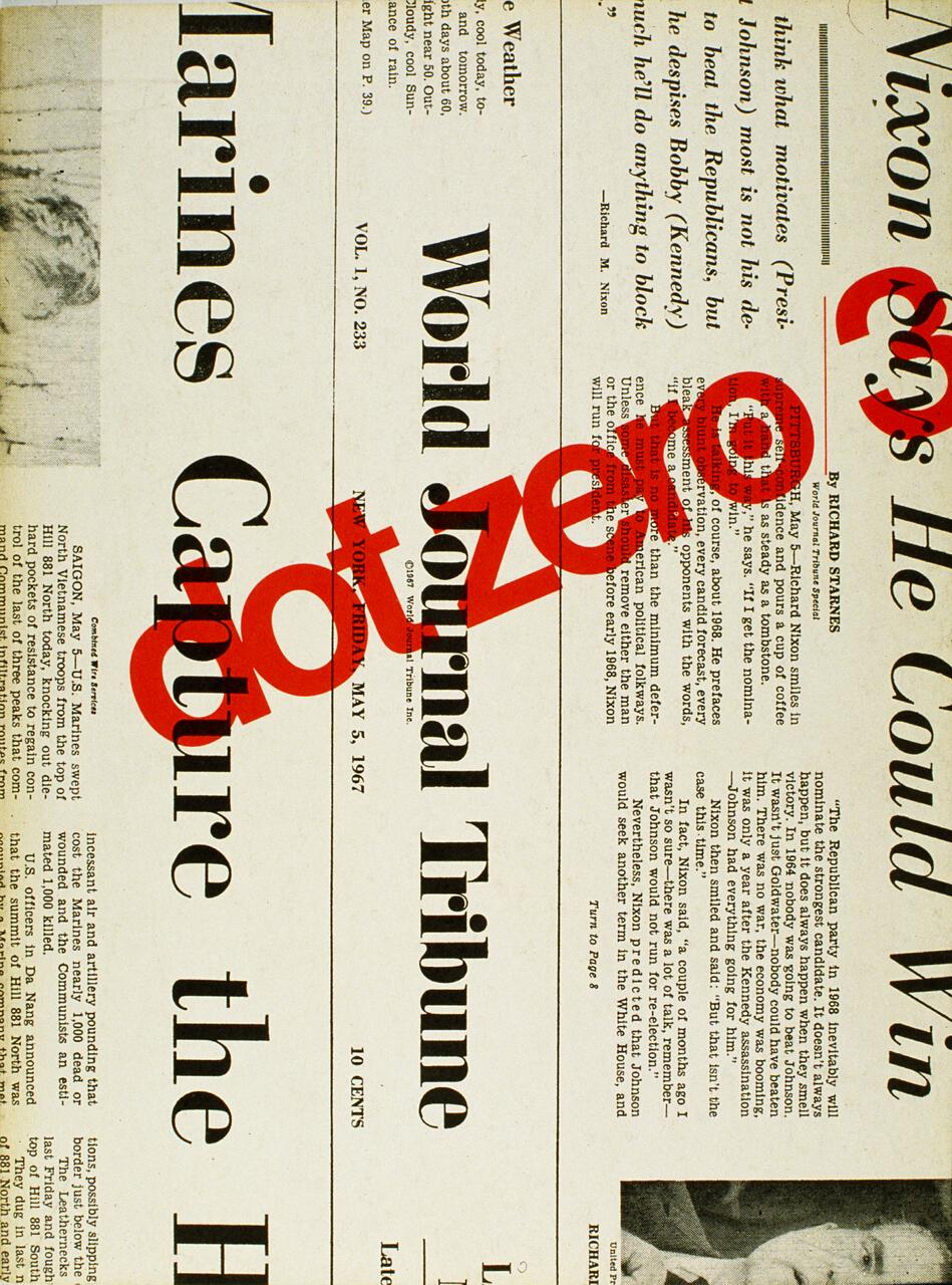 World Journal Tribune newspaper front page dated May 5, 1967, with headlines about Marines capturing a hill and Nixon's political ambitions. A large red "Cotzero" watermark overlays the page.