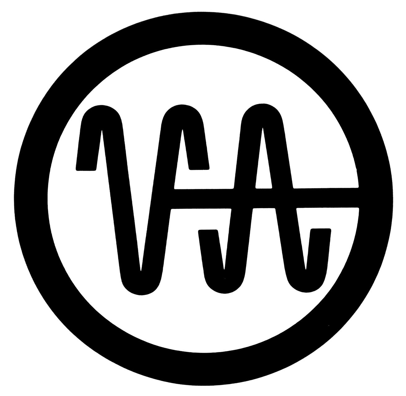 Stylized soundwave logo inside a circle, in black and white.