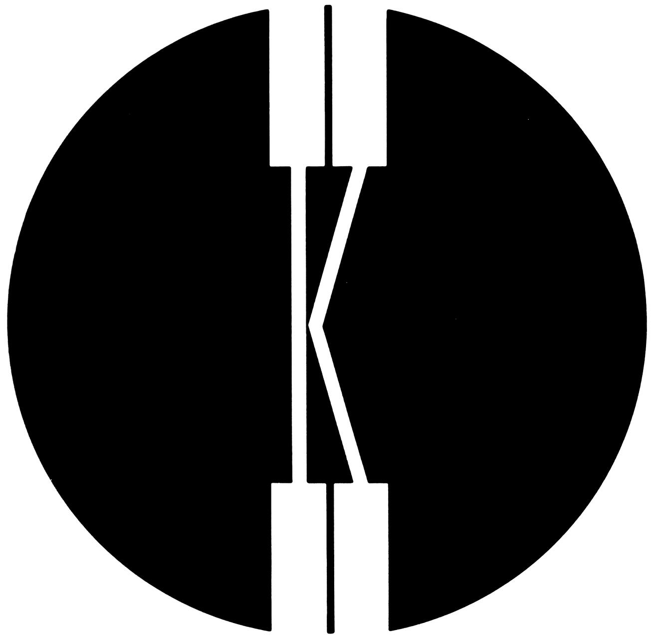 Black and white geometric logo with a stylized letter "K" in the center, formed by two halves of a circle on either side of a vertical line.