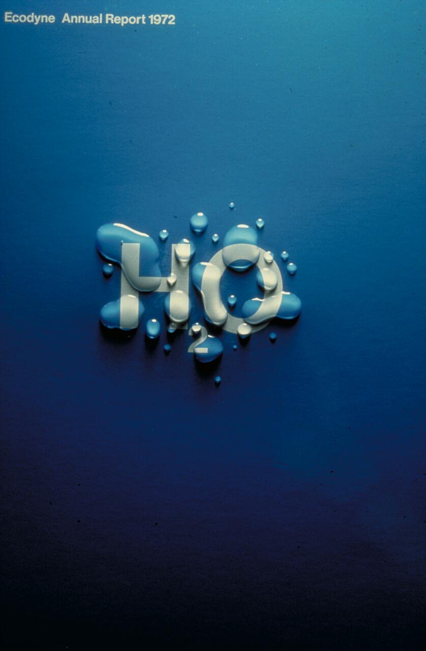 Graphic of the chemical formula H2O with water droplets on a blue gradient background.