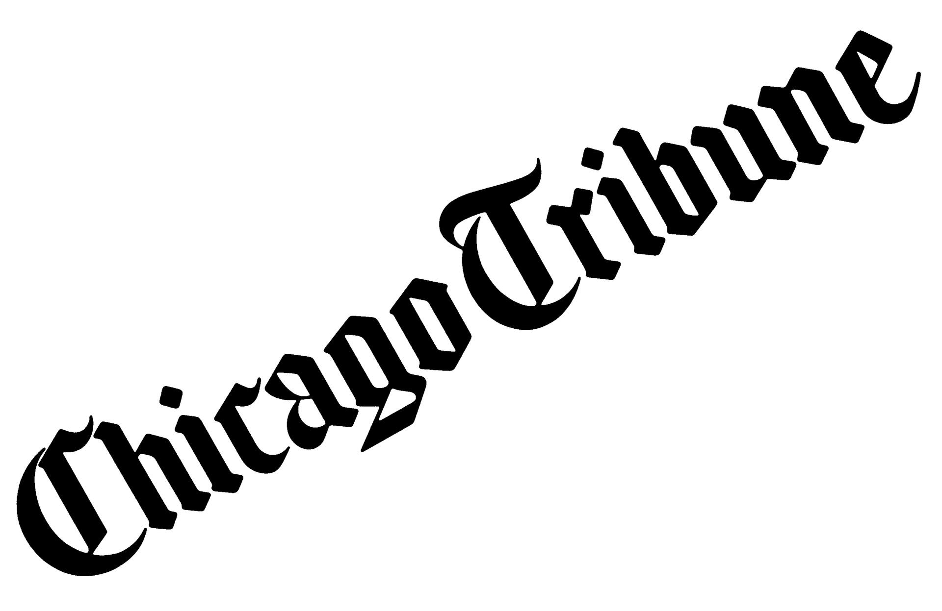 Chicago Tribune logo in black Gothic-style font, tilted diagonally on a white background.