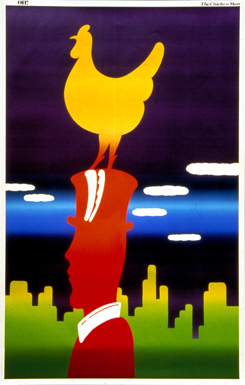 Abstract artwork of a red silhouette of a man's head with a yellow chicken on top against a colorful urban skyline. The sky is gradient purple to blue with white clouds.