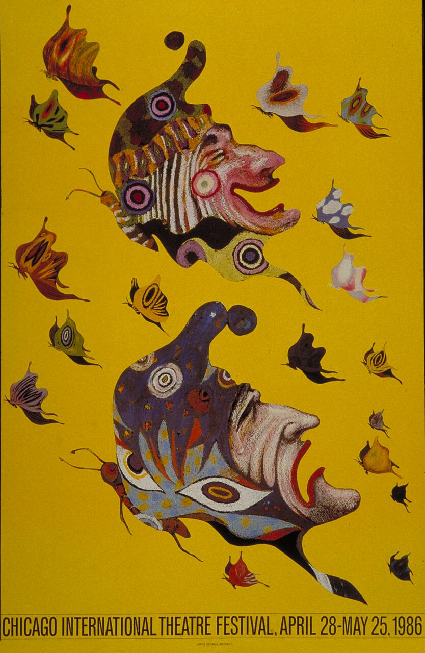 Colorful poster with stylized, abstract theater masks and butterfly-like shapes on a yellow background. Text at the bottom reads: "Chicago International Theatre Festival, April 28-May 25, 1986."