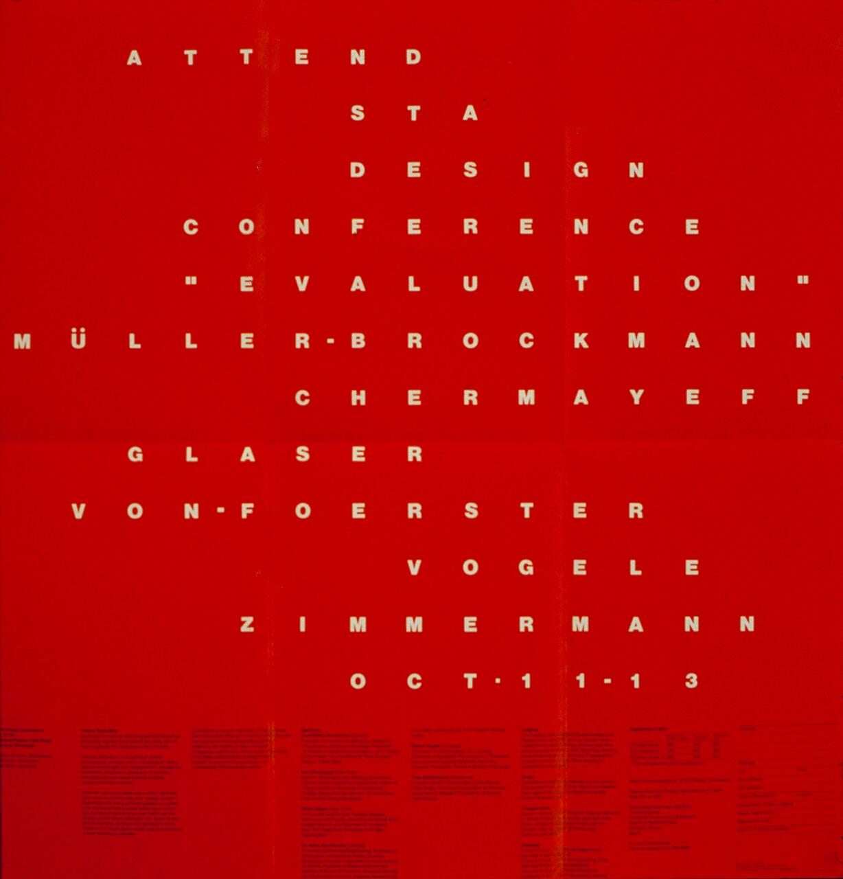 Red graphic poster with scattered white text listing names and event details for a design conference, including "Müller-Brockmann," "Chermayeff," and "Evaluation," dated October 11-13.