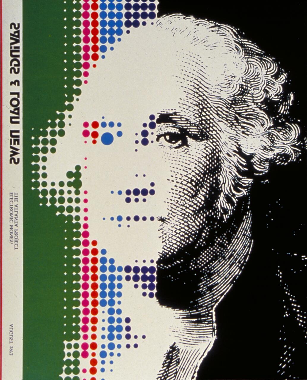 A stylized graphic portrait of a man in monochrome dot art on the right, transitioning to colorful dots in green, pink, and blue on the left. Vertical text on the green section.