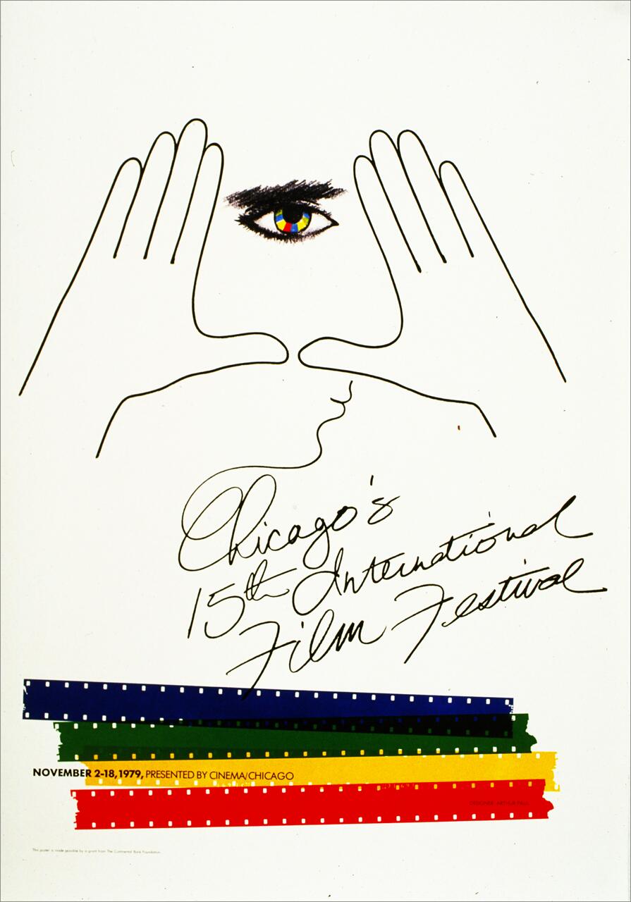 Stylized drawing of a face with hands framing a multicolored eye, alongside handwritten text. Below, colored bands resembling film strips in blue, green, yellow, and red intersect.