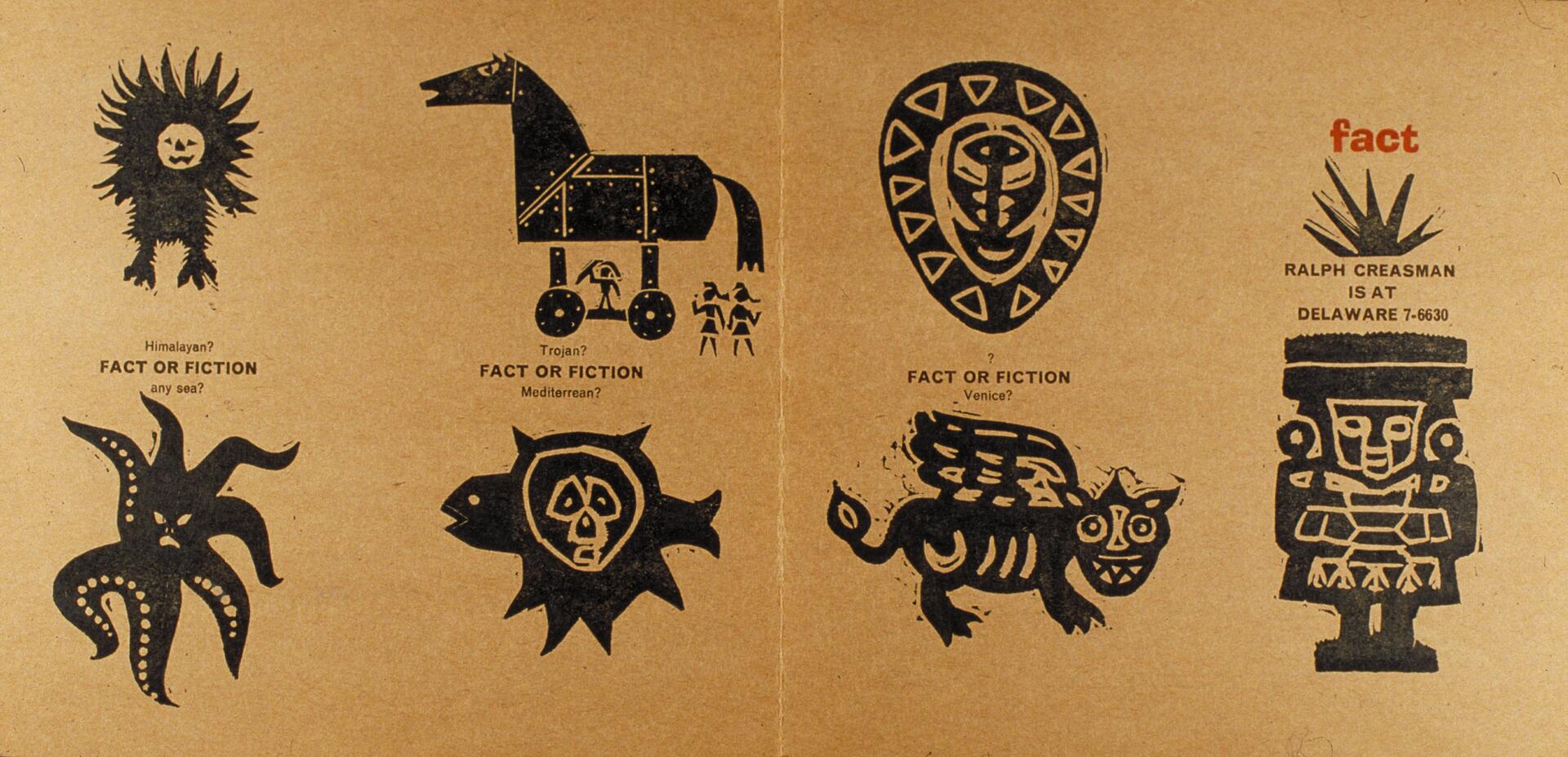 Six black graphic images on brown paper include a sun-like figure, a Trojan horse, a mask, an octopus, a creature with a human face, and a winged lion. Text elements play with "fact or fiction" and a contact detail on the right.