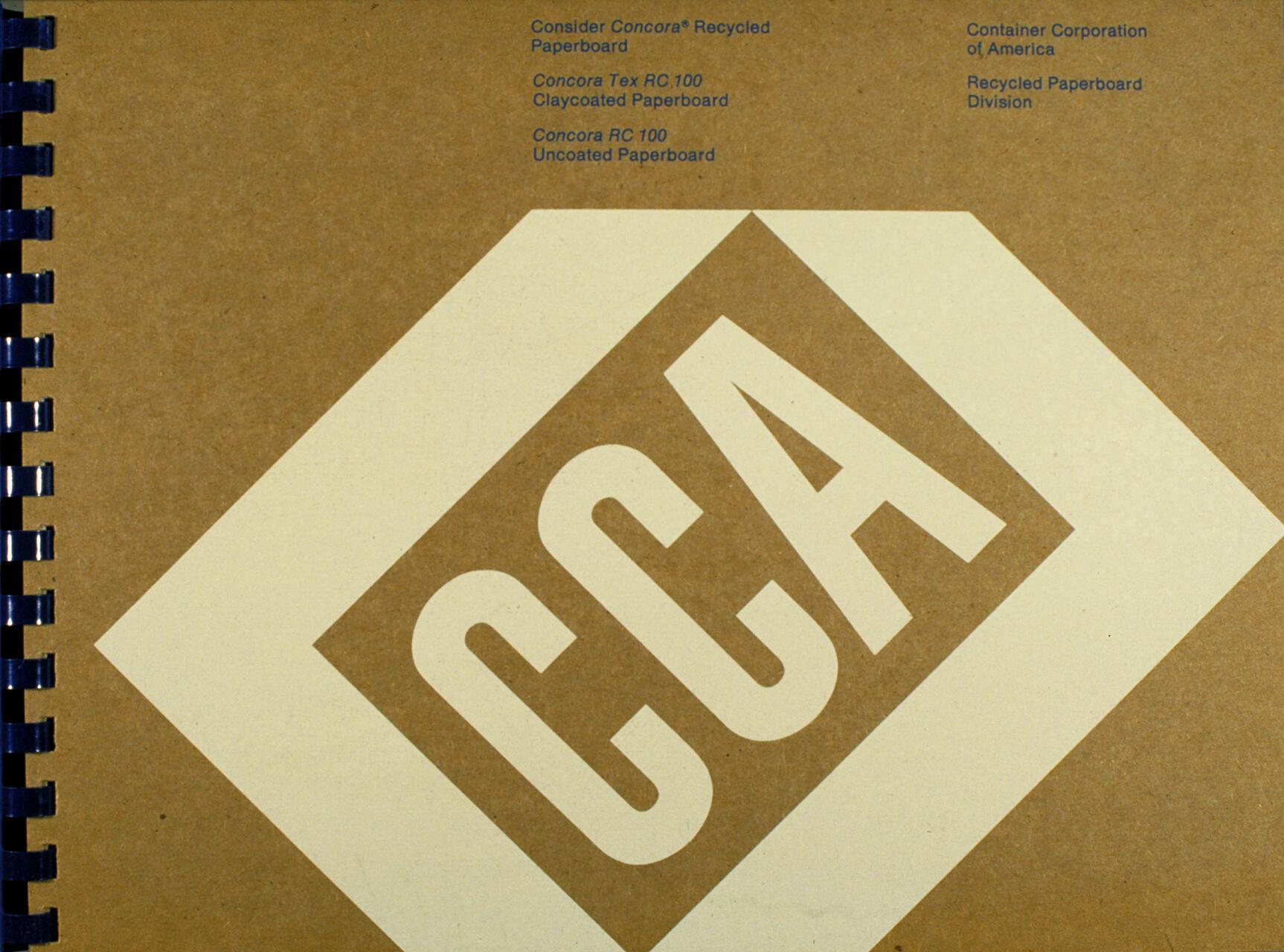 Brown paperboard cover with a large white diamond containing "CCA" in bold letters. Blue spiral binding on the left. Text in blue includes details about recycled paperboard types and Container Corporation of America.