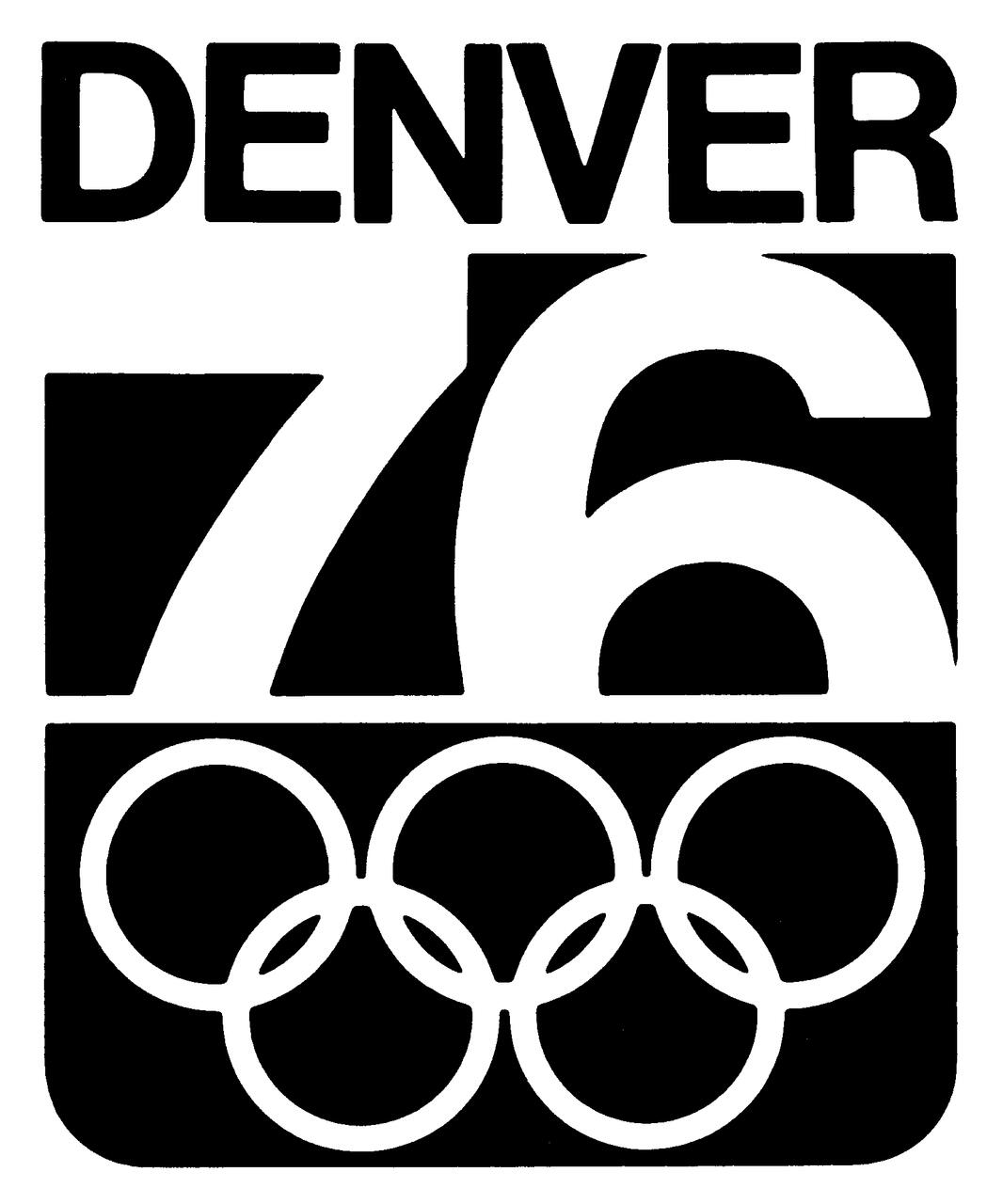 Black and white graphic design featuring the word "Denver" above the number "76" and the Olympic rings below.