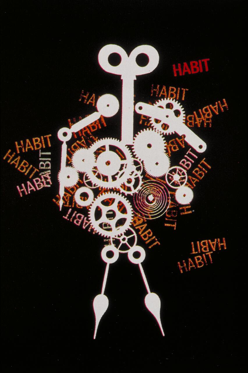 A graphic of a humanoid figure made from white gears and mechanical parts on a black background, with the word "HABIT" in red and orange repeated around it.