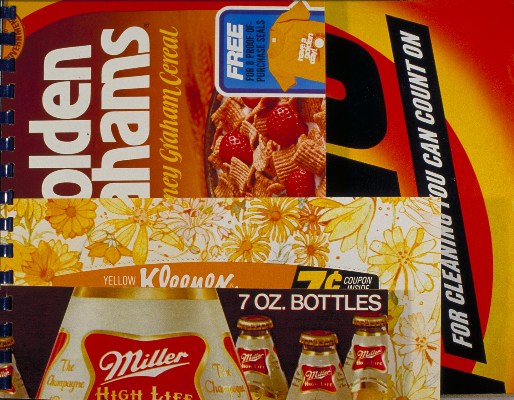 A collage of various product packaging, including cereal, cleaning supplies, floral patterns, and beer bottles. Bright colors like red, yellow, and orange dominate the image, with overlapping text and graphics.