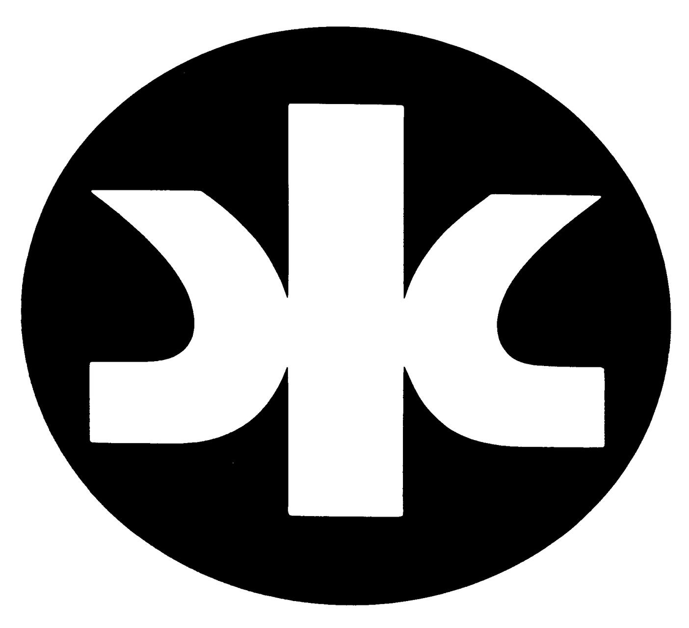 Black circle with a white geometric design resembling the letter "K" mirrored and joined in the center.