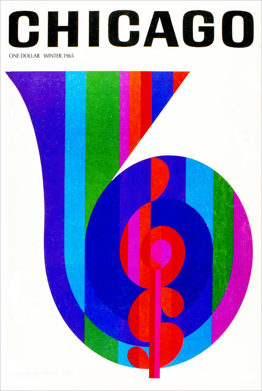 Colorful graphic design featuring a stylized musical note and horn shape composed of vibrant stripes. Bold text above reads "CHICAGO" in black letters.