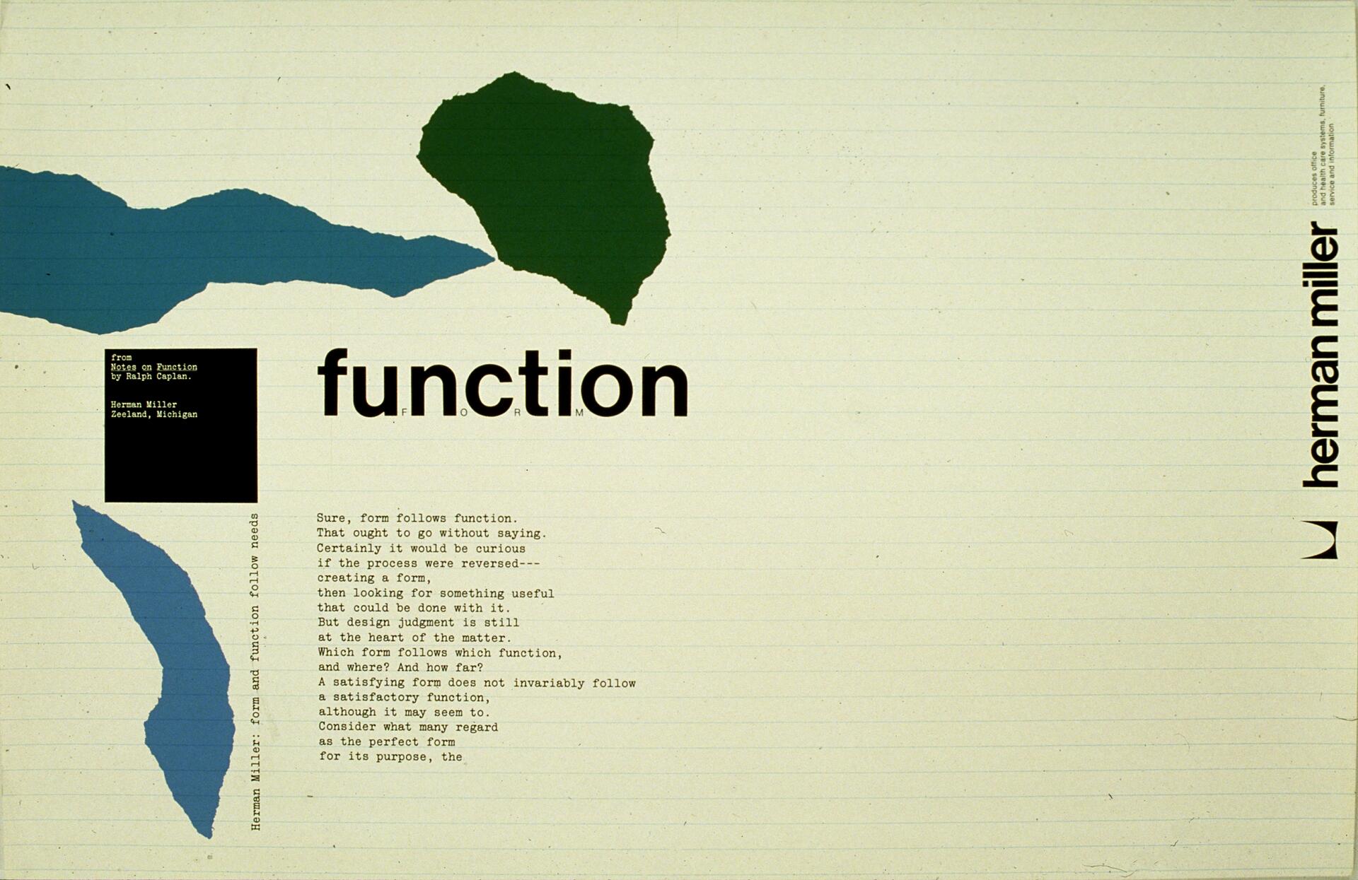 Herman Miller graphic with abstract green and blue shapes at the top, "function" in large text below, and additional smaller text on a lined background. Vertical "herman miller" logo on the right side.